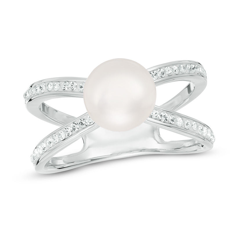 Honora 7 - 8mm Baroque Cultured Freshwater Pearl and Crystal Orbit Ring in Sterling Silver - Size 7