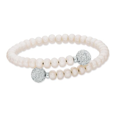 Honora 6 - 7mm Freshwater Cultured Pearl and Crystal Ball Bypass Bangle in Sterling Silver - 7.5"