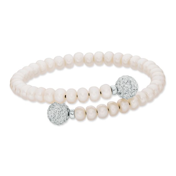 Honora 6 - 7mm Freshwater Cultured Pearl and Crystal Ball Bypass Bangle in Sterling Silver - 7.5"