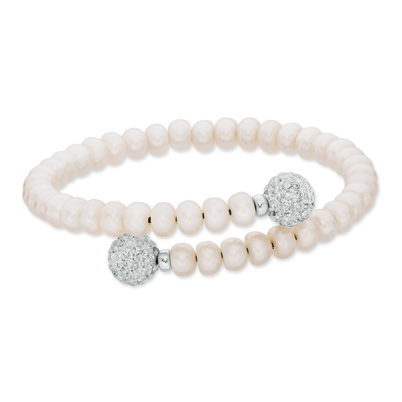 Honora 6 - 7mm Freshwater Cultured Pearl and Crystal Ball Bypass Bangle in Sterling Silver - 7.5"