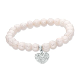 Honora 7 - 8mm Freshwater Cultured Pearl and Crystal Heart Strand Bracelet in Sterling Silver - 7.25"