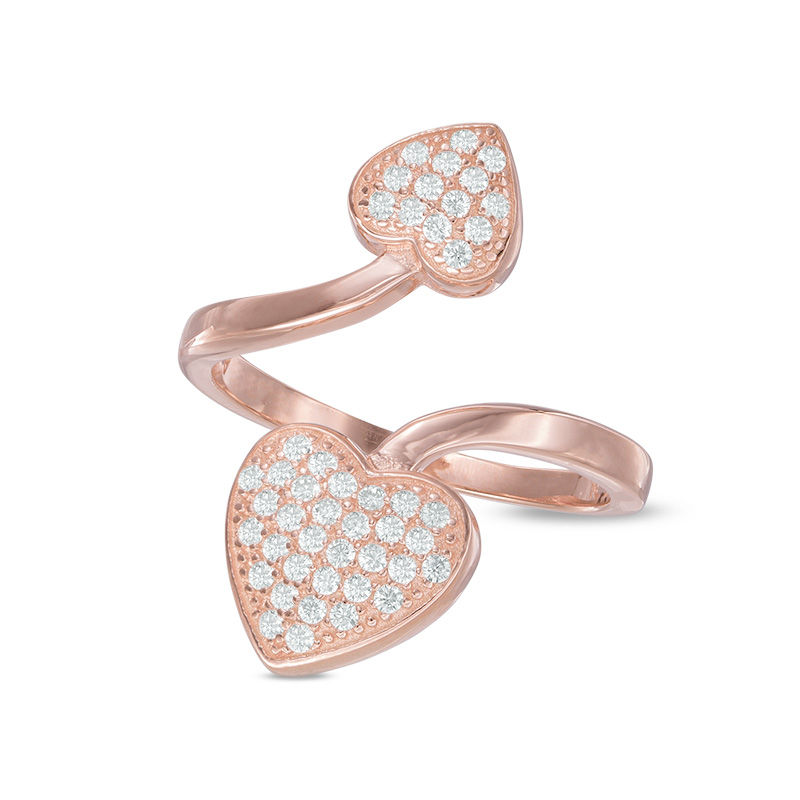 Cubic Zirconia Heart Bypass Ring in Sterling Silver with 14K Rose Gold Plate - Size 7