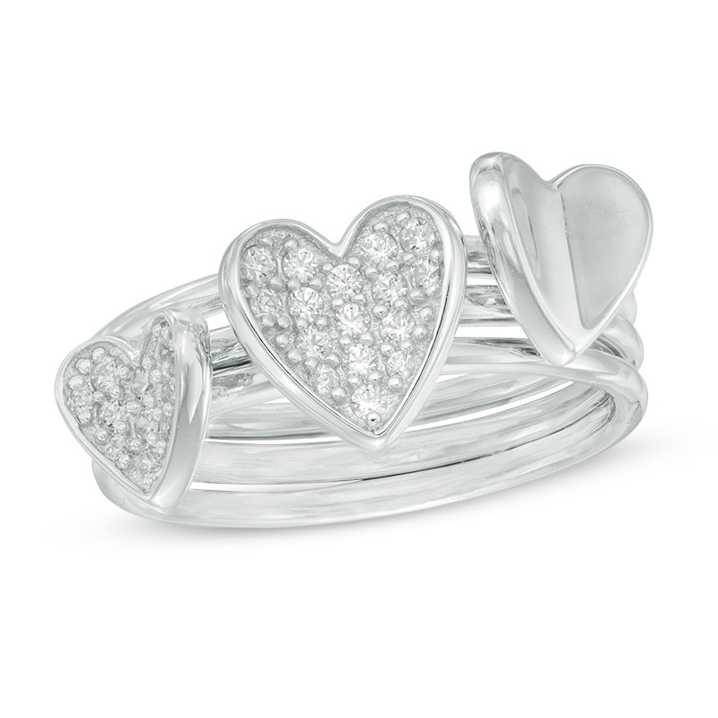 Cubic Zirconia Triple Heart Stack Ring Set in Sterling Silver - Size 7