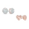 Cubic Zirconia Frame and Puffed Heart Stud Earrings Set in Sterling Silver with 18K Rose Gold Plate