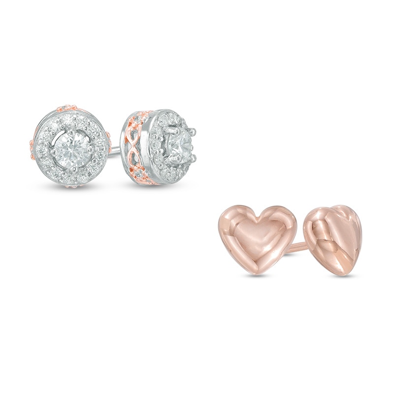 Cubic Zirconia Frame and Puffed Heart Stud Earrings Set in Sterling Silver with 18K Rose Gold Plate