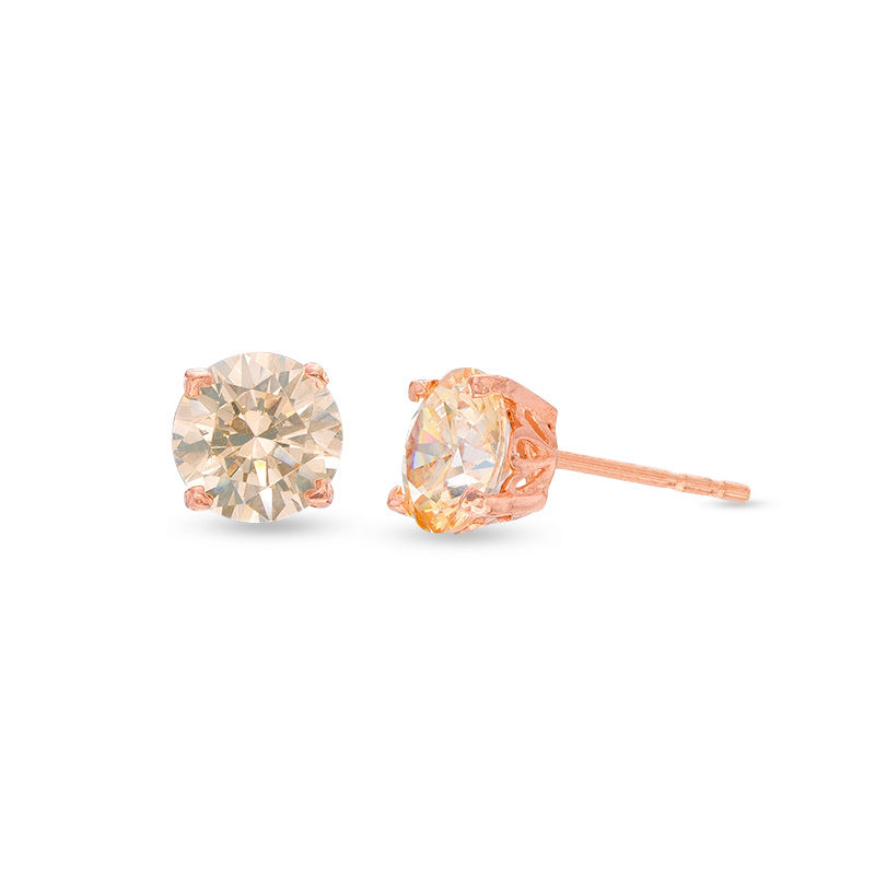 6mm Champagne Cubic Zirconia Solitaire Stud Earrings in 14K Rose Gold