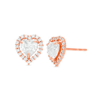 14K Rose Gold CZ Heart Halo Studs