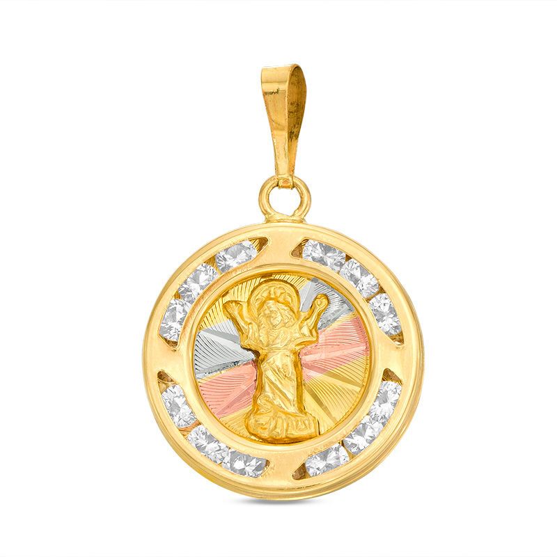 Divino Niño Diamond-Cut Medallion Necklace Charm in 10K Tri-Tone Gold with Cubic Zirconia