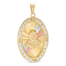 Face of Jesus Diamond-Cut Oval Necklace Charm in 10K Tri-Tone Gold with Cubic Zirconia