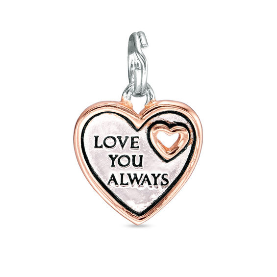 "LOVE YOU ALWAYS" Heart Bracelet Charm in Sterling Silver and 14K Rose Gold Plate