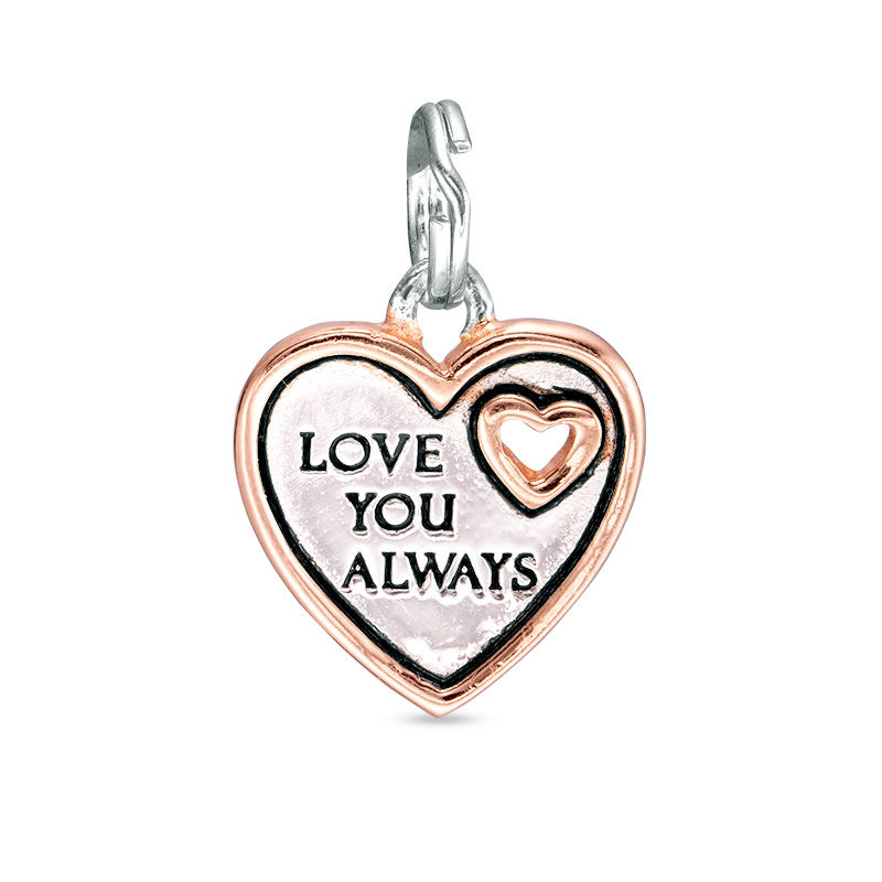Main Image 1 of "LOVE YOU ALWAYS" Heart Bracelet Charm in Sterling Silver and 14K Rose Gold Plate