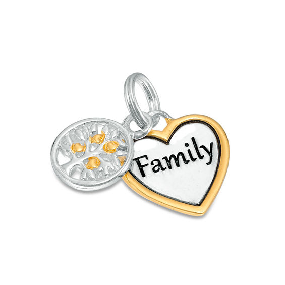 "Family" Heart Bracelet Charm with Family Tree Dangle in Sterling Silver and 14K Gold Plate