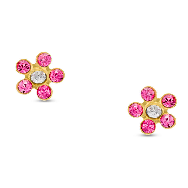 Main Image 1 of Child's Pink and White Crystal Flower Stud Earrings in 14K Gold