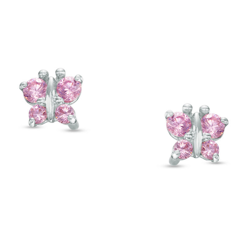 Child's Pink Cubic Zirconia Butterfly Stud Earrings in 14K White Gold