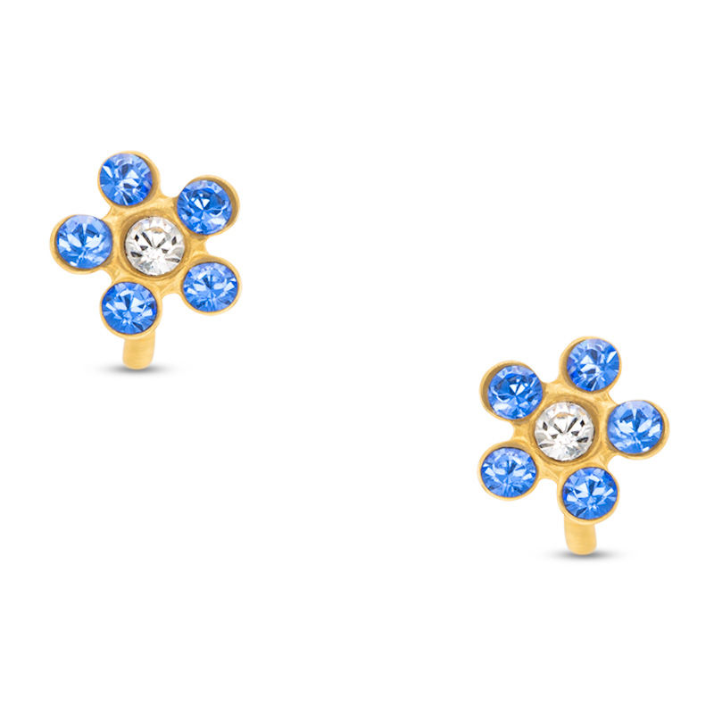 Child's Blue and White Crystal Flower Stud Earrings in 14K Gold