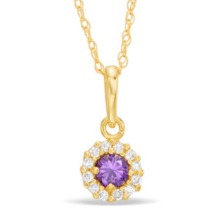 Child's 3mm Purple and White Cubic Zirconia Frame Pendant in 10K Gold - 13"