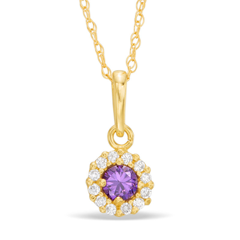 Main Image 1 of Child's 3mm Purple and White Cubic Zirconia Frame Pendant in 10K Gold - 13"