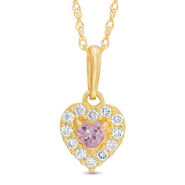 Child's 3mm Pink and White Cubic Zirconia Heart Frame Pendant in 10K Gold - 13&quot;