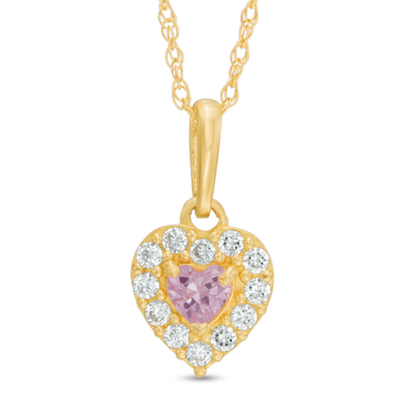 Child's 3mm Pink and White Cubic Zirconia Heart Frame Pendant in 10K Gold - 13"