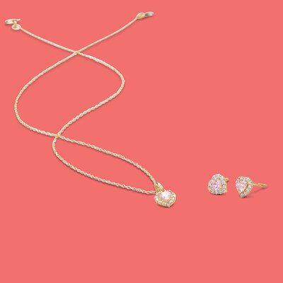 Child's 3mm Pink and White Cubic Zirconia Heart Frame Pendant in 10K Gold - 13"