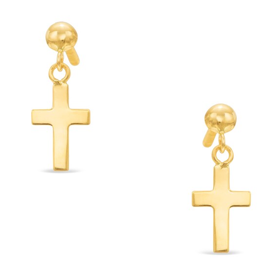 Child's Polished Cross Drop Earrings in 14K Gold