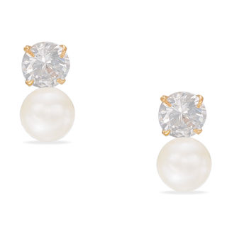 Child's 2.5mm Freshwater Cultured Pearl and Cubic Zirconia Drop Earrings in 14K Gold