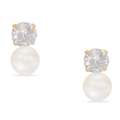 Child's 2.5mm Freshwater Cultured Pearl and Cubic Zirconia Drop Earrings in 14K Gold