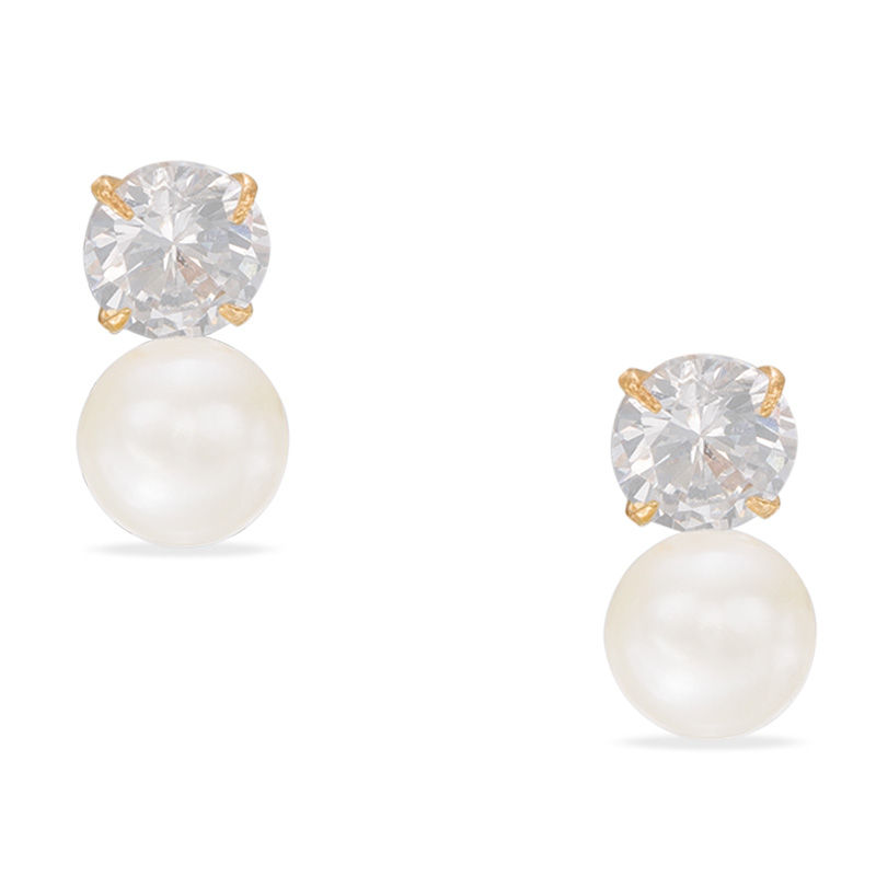 Main Image 1 of Child's 2.5mm Freshwater Cultured Pearl and Cubic Zirconia Drop Earrings in 14K Gold