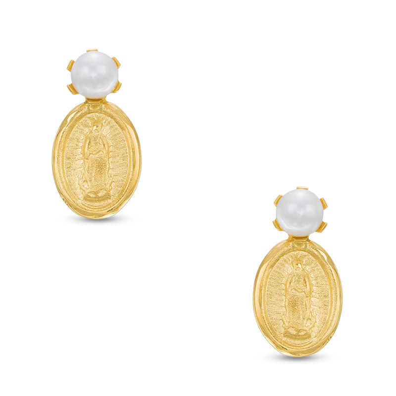 Child's 3.5mm Baroque Cultured Freshwater Pearl and Our Lady of Guadalupe Drop Earrings in 14K Gold