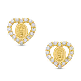 Child's Cubic Zirconia Heart Frame Our Lady of Guadalupe Stud Earrings in 14K Gold