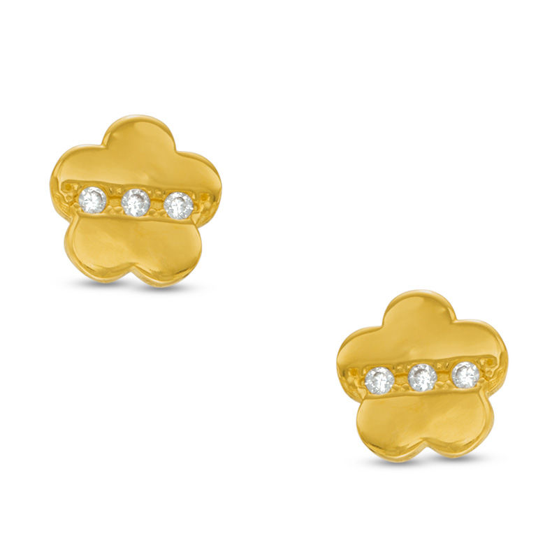 Main Image 1 of Child's Cubic Zirconia Three Stone Flower Stud Earrings in 14K Gold