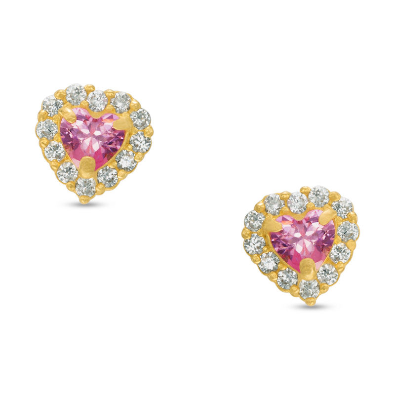Main Image 1 of Child's 3mm Heart-Shaped Pink and White Cubic Zirconia Framed Stud Earrings in 14K Gold