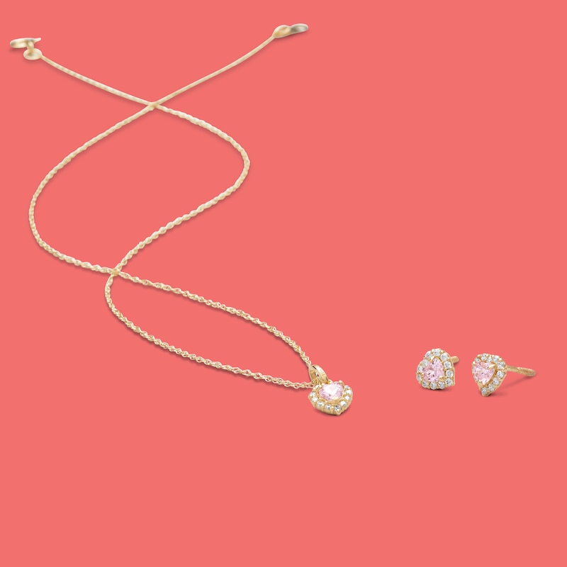 Main Image 3 of Child's 3mm Heart-Shaped Pink and White Cubic Zirconia Framed Stud Earrings in 14K Gold