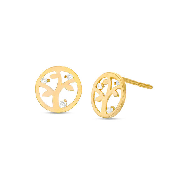 Cubic Zirconia Circle Tree Stud Earrings in 10K Gold