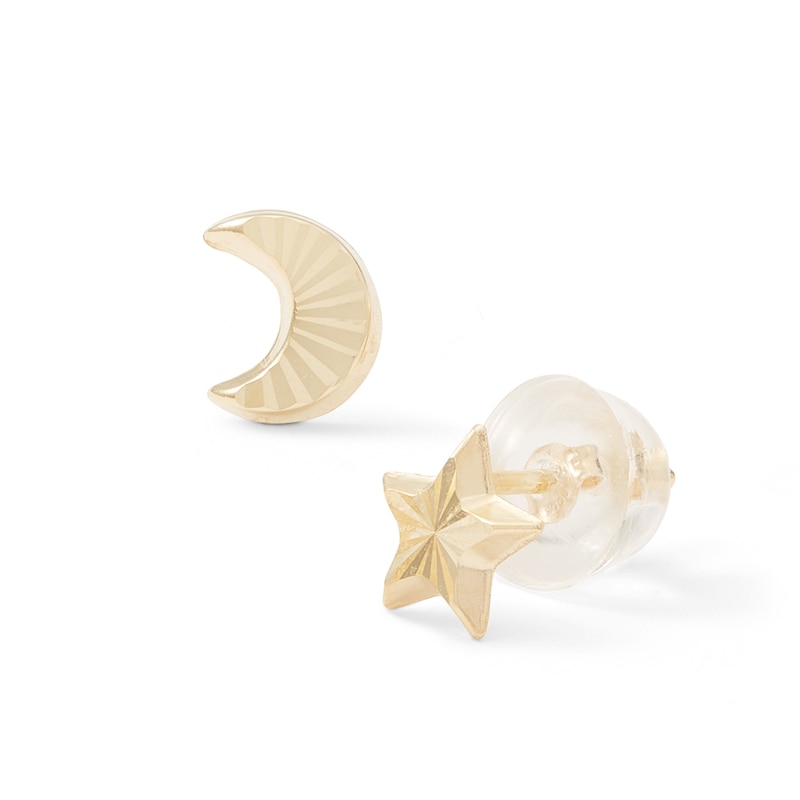 Diamond-Cut Crescent Moon and Star Mismatch Stud Earrings in 10K Gold
