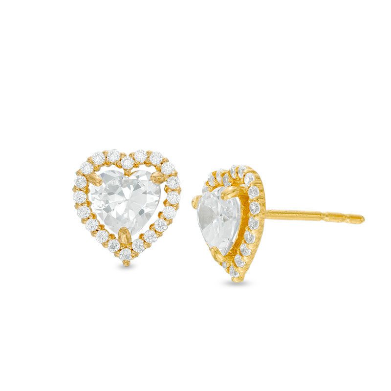 5mm Heart-Shape Cubic Zirconia Frame Stud Earrings in 14K Gold