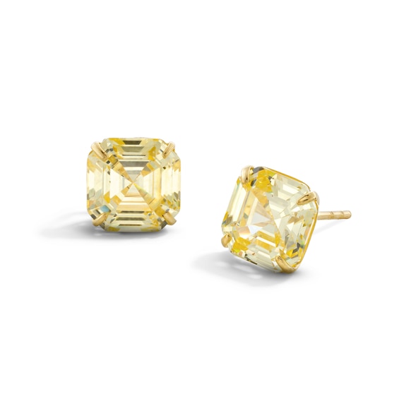 8mm Fancy Square Yellow Cubic Zirconia Solitaire Stud Earrings in 10K Gold