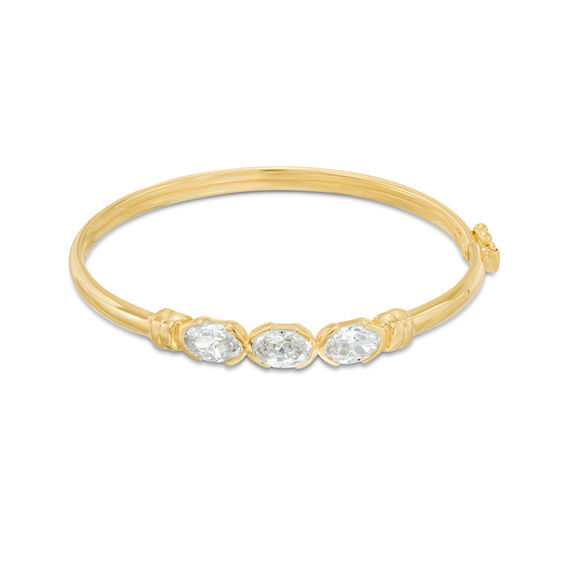 Child's Oval Cubic Zirconia Three Stone Bangle in 10K Gold - 4.5"