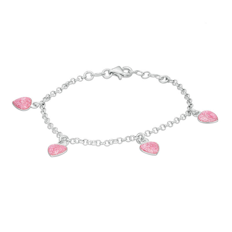 18K White Gold Bracelet with Pink Enamel Hearts 6 inch 