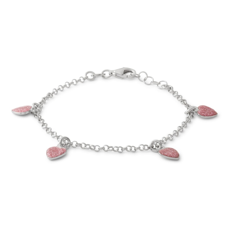 Main Image 1 of Made in Italy Child's Glitter Enamel Heart Dangle Bracelet in Sterling Silver - 6"
