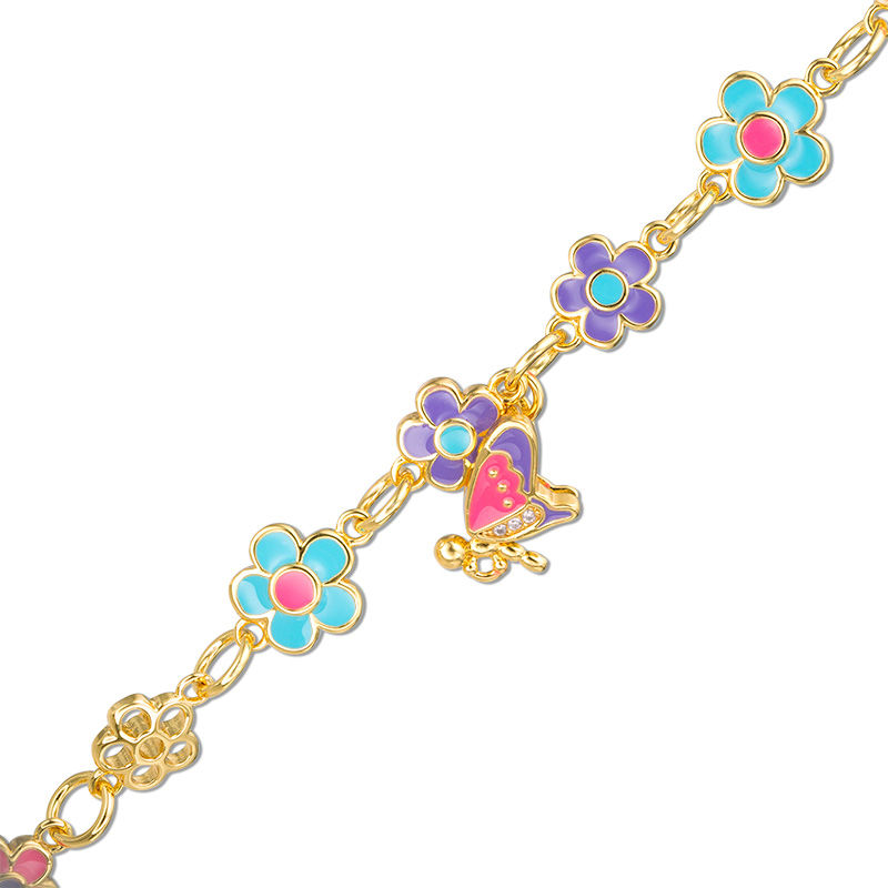 Main Image 1 of Child's Enamel Flower with Cubic Zirconia Butterfly Dangles Bracelet in Brass and 18K Gold Plate - 6"