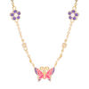 Child's Cubic Zirconia Enamel Flower Station and Butterfly Necklace in Brass and 18K Gold Plate - 13"