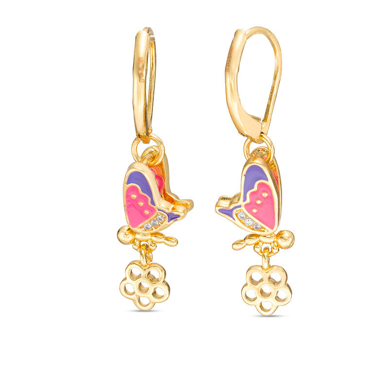 Main Image 1 of Child's Cubic Zirconia Accent Enamel Butterfly Earrings in Brass and 18K Gold Plate