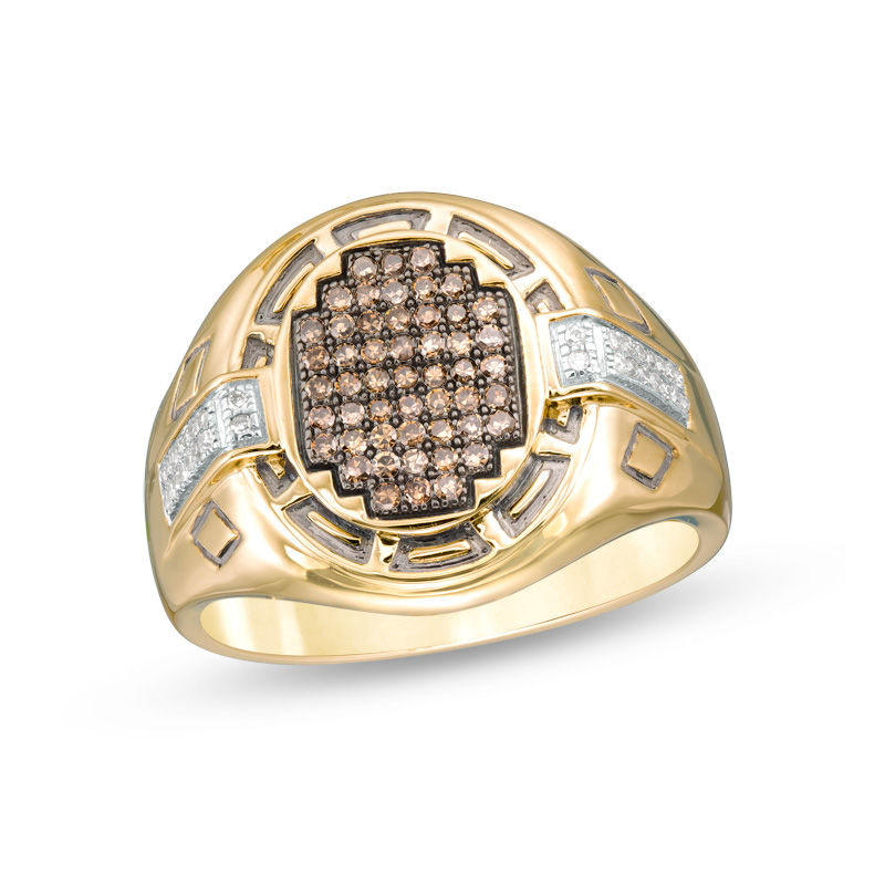 3/8 CT. T.W. Champagne and White Geometric Composite Diamond Oval Signet Ring in 10K Gold
