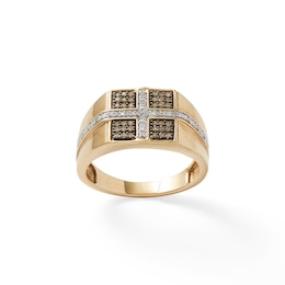 1/4 CT. T.W. Champagne and White Diamond Square Cross Ring in 10K Gold