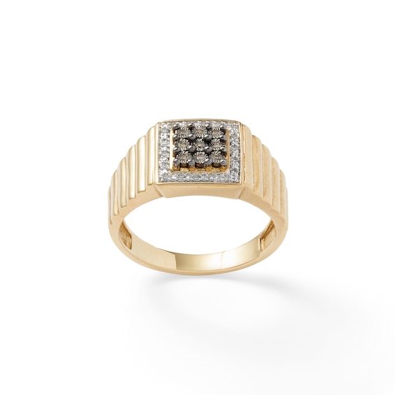 1/10 CT. T.W. Champagne and White Composite Diamond Frame Square Ribbed Ring in 10K Gold