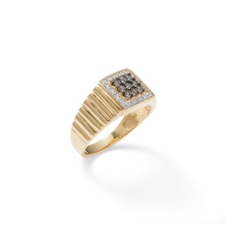 1/10 CT. T.W. Champagne and White Composite Diamond Frame Square Ribbed Ring in 10K Gold