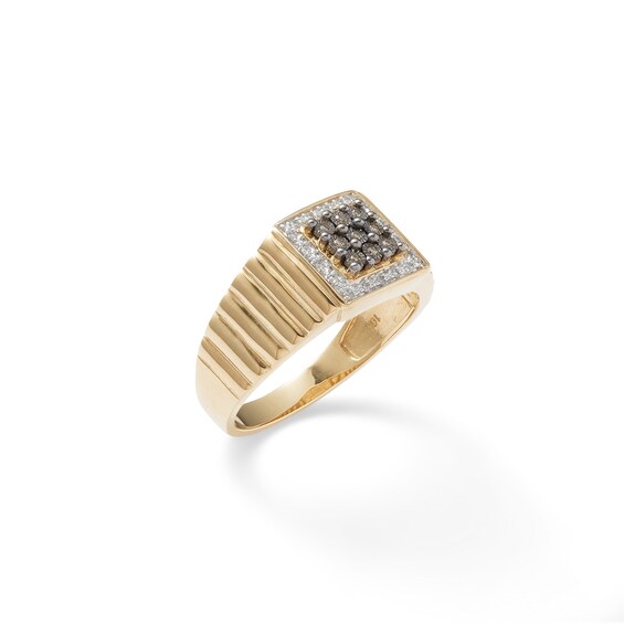 1/10 CT. T.W. Champagne and White Composite Diamond Frame Square Ribbed Ring in 10K Gold