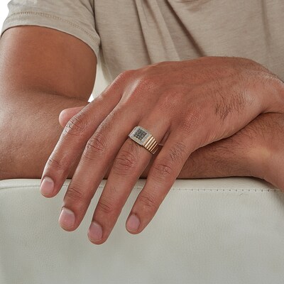 1/10 CT. T.W. Champagne and White Composite Diamond Frame Square Ribbed Ring in 10K Gold