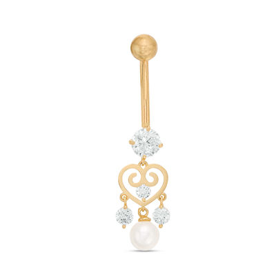 014 Gauge Freshwater Cultured Pearl and Cubic Zirconia Filigree Heart Belly Button Ring in 10K Gold